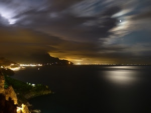 mare, luci, nuvole, notturno, luna, acqua, panorama, cielo, costa, riflesso