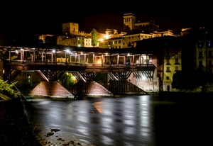 ponte, fiume, luci, notturno, notte, acqua, città, case, torre