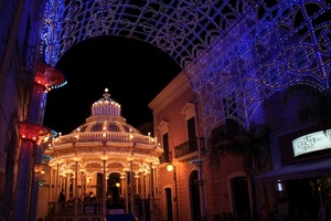 luci, cupola, luminarie, notte, arco, rotonda, sera, decorazioni, blu, colonne