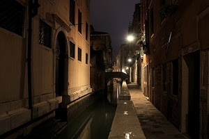 canale, ponte, notturno, lampioni, acqua, notte, vicolo, luci, case