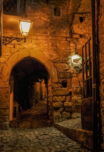 arco, vicolo, lampione, notturno, notte, porta, lampioni, insegna, cancello, luce