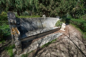 panchina, alberi, verde, parco, piante, erba, marmo, pietra, giardino, cemento