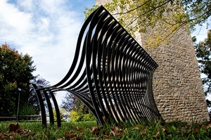 panchina, ferro, erba, torre, cielo, foglie, alberi, verde, nuvole, prato, metallo, rami, sbarre