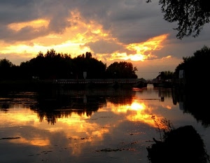 tramonto, acqua, ponte, alberi, lago, riflessi, riflesso, nuvole, cielo, controluce, sole