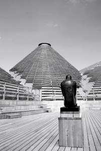 statua, legno, bianconero, piedistallo, expo, monumento, cielo, cupole, milano