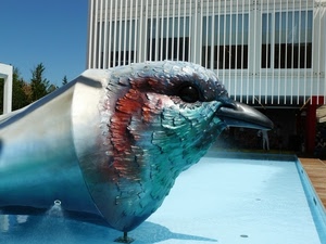 uccello, becco, azzurro, occhio, palazzo, finestre, acqua, metallo, expo, fontana