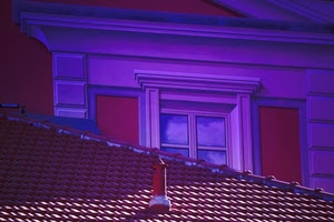 finestra, tetto, tegole, comignolo, tetti, viola, rosso, camino, dipinto