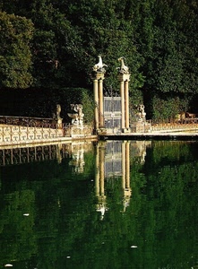 cancello, acqua, colonne, riflesso, verde, ringhiera, riflessi