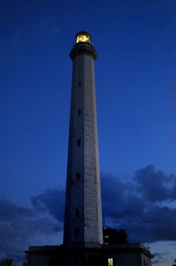 faro, cielo, nuvole, lanterna, luce, notturno, notte, blu, finestre, luci, torre