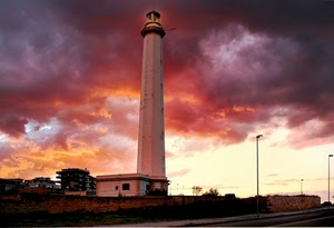 faro, tramonto, nuvole, lampioni, rosso, cielo, strada, finestra, lanterna, case, torre