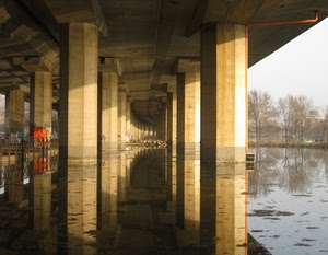 acqua, colonne, alberi, fiume, ponte, pilastri, riflesso, riflessi