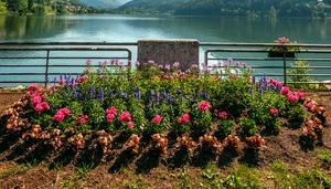 fiori, aiuola, lago, ringhiera, acqua, rosa, fiume, verde, erba, viola, vaso, ombre, montagne, piante