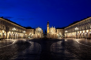 piazza, lampioni, notturno, chiesa, notte, cielo, luci, campanile, torino, blu, chiese, palazzi, portici