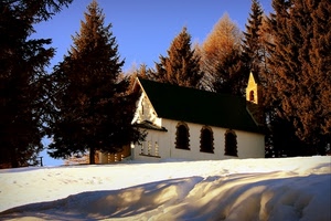 neve, alberi, chiesa, inverno, bianco, montagna, campanile