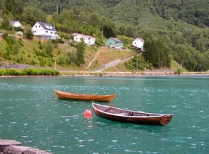 barche, case, due, acqua, boa, alberi, verde, lago, montagna, paesaggio