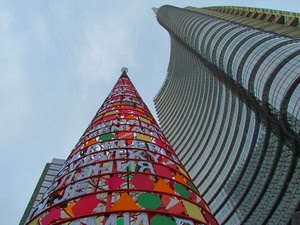 grattacielo, cielo, albero, colori, finestre, piani, nuvole, natale, grattacieli, multicolore, torre