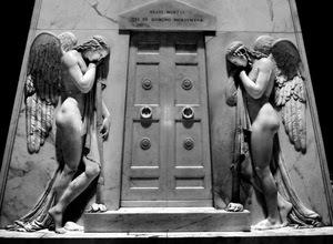 angeli, porta, ali, due, bianconero, statue, tomba, monumento