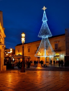natale, albero, lampione, luci, piazza, stella, blu, cielo