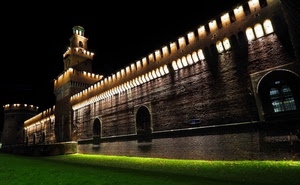 castello, torre, notturno, luci, prato, notte, verde, milano, merli