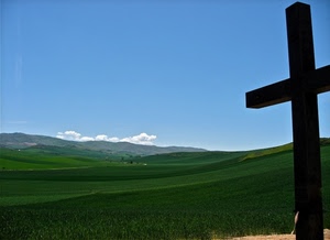 cielo, croce, nuvole, verde, colline, paesaggio, azzurro, panorama, montagne, prato, blu