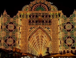 luci, festa, luminarie, decorazioni, prospettiva, archi, colori, illuminazione, notte