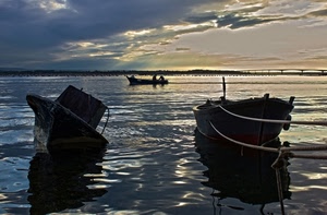 barche, mare, acqua, tramonto, nuvole, ponte, pescatori, riflessi, corde