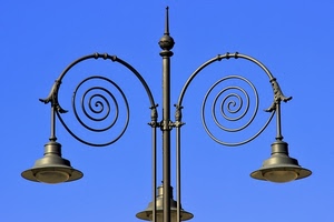 cielo, lampioni, tre, spirali, lampione, ferro, spirale, metallo, azzurro