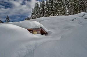 neve, alberi, bianco, inverno, montagna, tetto, cielo, baita, nuvole