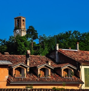 abbaini, comignoli, tetto, campanile, alberi, orologio, tetti, cielo, torre, azzurro