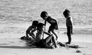 spiaggia, bambini, mare, bianconero, sabbia, acqua, quattro