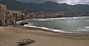mare, barca, spiaggia, sabbia, panorama, montagne, paese, case