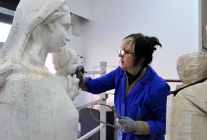 donna, statue, sculture, occhiali, artigiano, artista, artigianato, madonna, blu, statua, scultura
