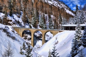 ponte, neve, montagna, alberi, inverno, archi, bosco, bianco