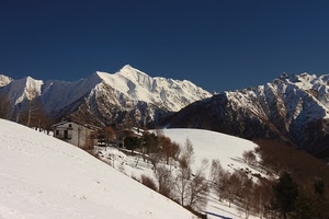 neve, montagna, alberi, inverno, montagne, bianco, baita, casa, cime, case