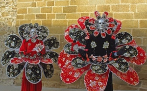 nero, rosso, maschere, fiori, petali, carnevale, muro, costumi, argento, due, coppia, grigio, giallo, mattoni, fiore, corolle