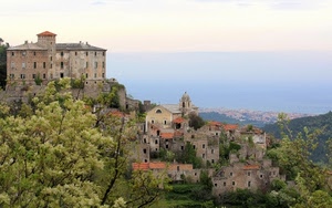 panorama, case, alberi, borgo, castello, mare, chiesa, campanile, paese, paesaggio