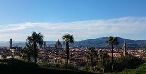 cupola, panorama, cielo, palme, firenze, nuvole, alberi, città, campanili, torre, case, colline, chiese, campanile, torri, duomo, azzurro, montagne