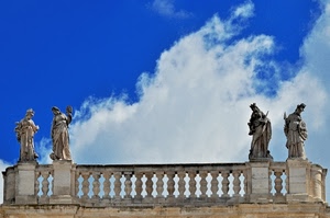 statue, balaustra, nuvole, cielo, azzurro, quattro, colonne, bianco, sculture, colonnine, palazzo