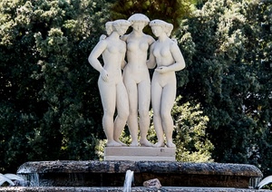 tre, statue, fontana, alberi, acqua, marmo, nudo, bianco, sculture