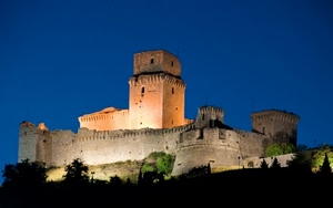 castello, torri, cielo, blu, merli, mura, fortezza, alberi, luce, torre, luci, sera, finestre, ombre, notturno