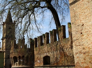 albero, campanile, castello, merli, mura, mattoni, torre