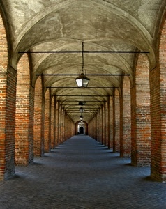 mattoni, portico, colonne, lampioni, archi, prospettiva, lampade, portici