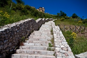 scalinata, gradini, scale, pietre, verde, scala, pietra, chiesa, alberi, erba, prato, muretto, salita