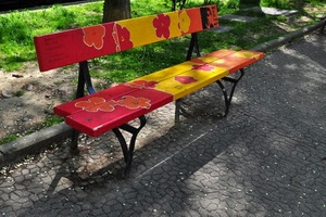 panchina, rosso, giallo, erba, verde, legno, fiori, colori, prato, strada, ferro, parco, panca