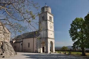 chiesa, orologio, albero, campanile, rami, torre, arco, alberi