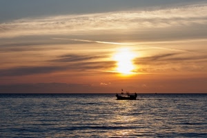 barca, mare, sole, tramonto, controluce, acqua, nuvole, cielo, orizzonte