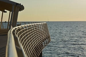 mare, orizzonte, ringhiera, acqua, cielo, barca, tramonto, nave, parapetto, metallo, balaustra, vela, ponte, azzurro