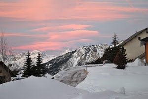 neve, alberi, montagna, montagne, nuvole, cielo, tramonto, inverno, pini