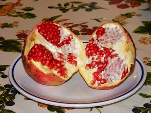 piatto, melograno, tovaglia, rosso, frutta, chicchi, grani, semi, bianco, frutto