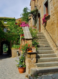 fiori, scala, vasi, verde, gradini, scale, porta, casa, edera, arco